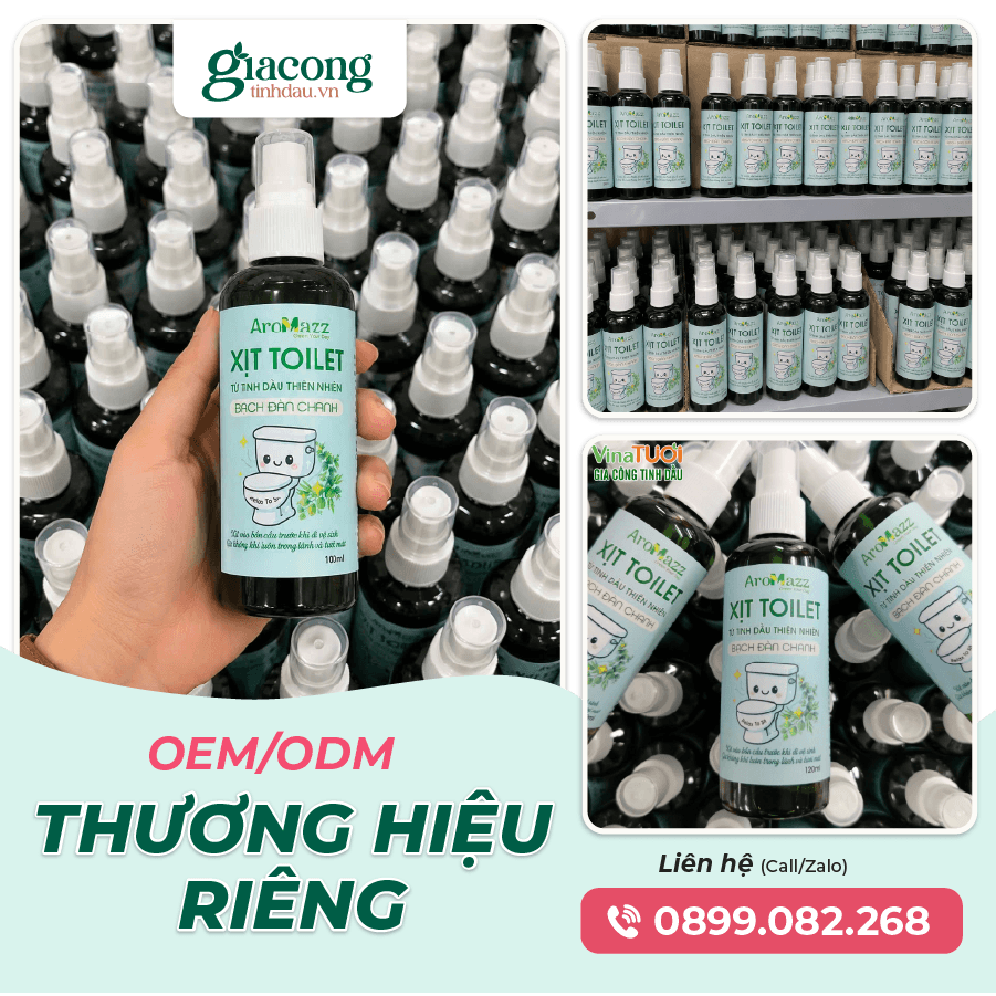 Dịch vụ gia công xịt toilet OEM/ODM thương hiệu riêng tại Vina Tươi với quy trình sản xuất và đóng gói hoàn thiện.