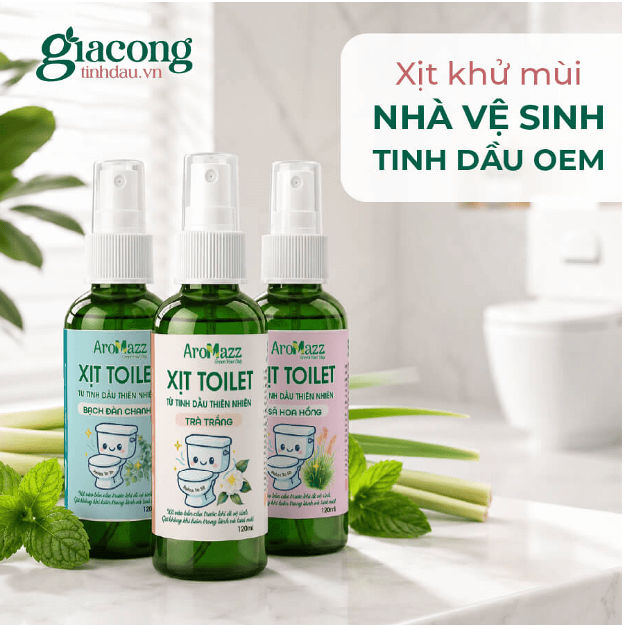 Hình ảnh thực tế sản phẩm xịt toilet tinh dầu Aromazz với thiết kế thương hiệu riêng, thuộc dự án gia công OEM/ODM tại Vina Tươi.
